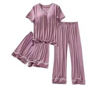 Conjunto de pijama de lino de 3 piezas para mujer, cuello en V, con almohadilla para el pecho, pantalones cortos casuales y pantalones cómodos, color liso, ajuste regular, ropa de descanso cómoda