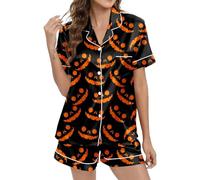 Conjunto de pijama de manga corta con estampado de Halloween de dos piezas para salón, ropa de noche, disfraz de fiesta, Negro , XL