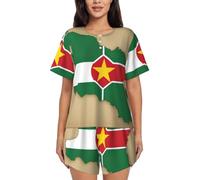 Conjunto de pijama de manga corta para mujer con estampado de mapa de la bandera de Surinam, ropa de dormir suave y cómoda, con botones en la parte superior, Negro -, XL