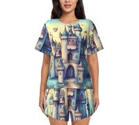Conjunto de pijama de manga corta para mujer, diseño de castillo de cuento de hadas, pijama transpirable para otoño e invierno, conjunto de pijama transpirable, Negro, 3XL