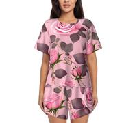 Conjunto de pijama de manga corta para mujer, diseño de rosas rosadas, para otoño e invierno, transpirable, para descansar, Negro, M