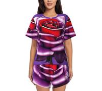 Conjunto de pijama de manga corta para mujer, pijama con estampado de rosas fucsias, para otoño e invierno, conjunto de pijama transpirable, Negro, L