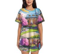 Conjunto de pijama de manga corta para mujer, pijama de unicornio con estampado de cuento de hadas para otoño e invierno, conjunto de pijama transpirable, Negro, 4XL