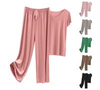 Conjunto de pijama de manga corta para mujer, suave al tacto, elegante, color liso, con camisetas de manga corta y pantalones sueltos, transpirable, con cordón, ropa de dormir a la moda, Morado (, L