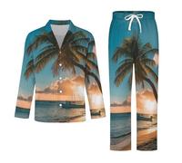 Conjunto De Pijama De Manga Larga para Hombre - Barco De Playa Conjunto De Ropa De Dormir De Invierno Pantalones Y Tops Cálidos De Otoño Transpirables Suaves Ropa De Estar por Casa 2 Pieza