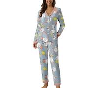 Conjunto de pijama de manga larga para mujer, con botones, manga larga, estampado, cuello en V, parte superior con bolsillo en el pecho, cintura elástica, pantalones de pijama, ropa de salón, camisón