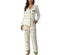 Conjunto de pijama de manga larga para mujer con solapa, botones en la parte superior e inferior con bonito estampado, dos piezas, ligero, suave y acogedor, ropa cómoda para el hogar, traje de dormir