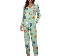 Conjunto de pijama de mujer de manga larga con flores de anime, ropa de dormir cómoda y suave, camisa de 2 piezas con botones y pantalones de pijama, transpirable, informal, estampado floral de