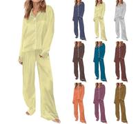Conjunto de pijama de mujer de seda de manga larga, pijama de satén para mujer, conjunto superior con botón, conjunto de 2 piezas, pantalón fluido, ropa de dormir informal, ropa de dormir XXXL, azul