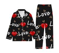 Conjunto de pijama de mujer genérico con estampado de amor para mujer, conjunto de dos piezas, pantalón de manga larga, primavera y otoño, rojo, S