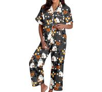 Conjunto de Pijama de Mujer Pijama Casual con Estampado de Halloween, Top abotonado de Manga Corta de Satén de Seda y Pantalones Un Conjunto de Dos Piezas con Cuello Revers para Una Casa, 01 negro