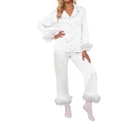 Conjunto de pijama de plumas para mujers, ropa de dormir suelta, de seda, de satén, de manga larga, con botones, pantalones largos, ropa de dormir