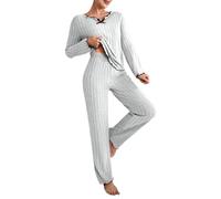 Conjunto de pijama de punto para mujer, conjunto de pijama de algodón para mujer, cuello en V, manga larga y pantalones de pierna ancha, conjunto de pijama de punto de color sólido, ropa de dormir