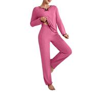 Conjunto de pijama de punto para mujer, conjunto de pijama de algodón para mujer, cuello en V, manga larga y pantalones de pierna ancha, conjunto de pijama de punto de color sólido, ropa de dormir