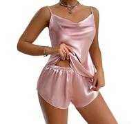 Conjunto de pijama de satén de 2 piezas con cuello en V, camiseta sin mangas y pantalones cortos para mujer, adecuado para uso diario, hogar y vacaciones (XL rosa)