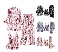 Conjunto de pijama de satén de 3 piezas para mujer, ligero, holgado, vintage, bata de baño, ropa de dormir moderna con estampado floral, Negro, L