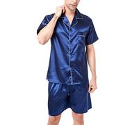 Conjunto de pijama de satén de manga corta para hombre con pantalones cortos, Azul marino con ribetes blancos, XL