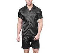 Conjunto de pijama de satén de manga corta para hombre con pantalones cortos, Negro , XL
