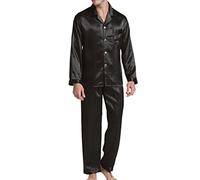 Conjunto de pijama de satén para hombre, manga larga, ropa de dormir, Negro , L