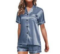Conjunto de pijama de satén para mujer, pijama corto con botones para mujer, conjunto de pijama de camisa y pantalones cortos con cuello y bolsillo, cuello en V y ribete de contraste, conjunto de