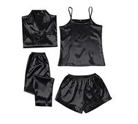 Conjunto de pijama de satén para mujer, pijama corto con flores, ropa de dormir de 4 piezas, cami espagueti, pantalones de pijama y manga larga, parte superior con botones, cómoda y suave