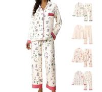 Conjunto de pijama estampado con botones para mujer, conjunto de pijama de manga larga para mujer, camiseta de manga larga y pantalones elásticos de pierna ancha, ropa de dormir casual con cuello en V