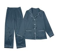 Conjunto de pijama familiar a juego para mujer, pijama de satén de seda de Navidad para mujer, ropa de dormir de manga larga, ropa de dormir de Navidad, conjunto de 2 piezas, azul marino, 12-13 años