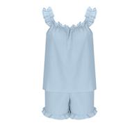 Conjunto de pijama for mujer, pantalones cortos, tops fruncidos sin mangas con volantes y pantalones cortos con volantes, conjuntos de 2 piezas, ropa informal holgada for estar en casa.(Blue,S)