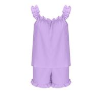 Conjunto de pijama for mujer, pantalones cortos, tops fruncidos sin mangas con volantes y pantalones cortos con volantes, conjuntos de 2 piezas, ropa informal holgada for estar en casa.(Purple,M)