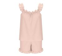 Conjunto de pijama for mujer, pantalones cortos, tops fruncidos sin mangas con volantes y pantalones cortos con volantes, conjuntos de 2 piezas, ropa informal holgada for estar en casa.(Pink,L)