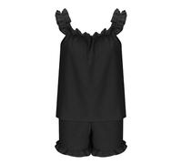 Conjunto de pijama for mujer, pantalones cortos, tops fruncidos sin mangas con volantes y pantalones cortos con volantes, conjuntos de 2 piezas, ropa informal holgada for estar en casa.(Black,XL)