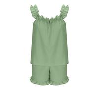 Conjunto de pijama for mujer, pantalones cortos, tops fruncidos sin mangas con volantes y pantalones cortos con volantes, conjuntos de 2 piezas, ropa informal holgada for estar en casa.(Green,S)