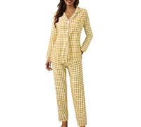 Conjunto de pijama genérico para mujer de talla grande, conjunto de pijama para mujer de verano, camisa y pantalón cómodo, conjunto de cuadros ropa de dormir casual pijama con botón Loungewear Diario