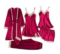 Conjunto de pijama genérico para mujer, pantalones largos, vestidos, body de encaje, ropa interior con cuello en V profundo, 1 camisón de algodón, pijama para embarazo, invierno, rojo, XXL