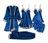 Conjunto de pijama genérico para mujer, pantalones largos, vestidos, body de encaje, ropa interior con cuello en V profundo, 1 camisón de algodón, pijama para embarazo, invierno, azul, XXL