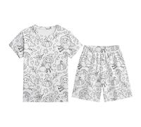 Conjunto de Pijama Halloween para niños, Manga Corta, Cuello Redondo, Pantalones Cortos, Ropa Dormir cómoda con Estampado DIY, línea Blanca y Negra, Informal niños niñas Trajes Surf