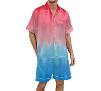 Conjunto de Pijama Hombre Seda Satén Manga Corta Botones Estampado Degradado Multicolor para Dormir y Descanso Cómodo (Blue, XL) #941