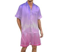 Conjunto de Pijama Hombre Seda Satén Manga Corta Botones Estampado Degradado Multicolor para Dormir y Descanso Cómodo (Light Purple, XXXL) #974