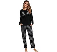 Conjunto de Pijama Mujer 2 Piezas, Manga Larga Algodón, Verano, Cómodo, Gato Estampado Negro, S