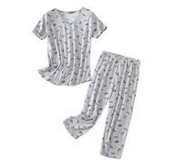 Conjunto de Pijama Mujer Algodón Cómodo Top Manga Corta con Pantalones Capri para Dormir (Grey, S) #4372