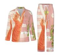 Conjunto De Pijama para Hombre -Dibujos Animados De Gatos Y Animales Conjunto De Pijama Informal De Invierno De Manga Larga con Top Y Pantalones 2 Piezas Holgado M