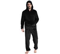 Conjunto de pijama para hombre Fashion Leisure Soft Home Solid Color Shirt Pants Servicio al Hogar Dos Piezas Forro Polar Largo Cálido con Capucha Pijamas, Negro , M