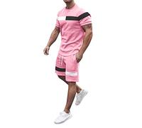 Conjunto de pijama para hombre, pijama con parte superior y algodón a rayas cortas, ropa de casa de verano de dos piezas, ropa de dormir holgada con bolsillos, conjuntos de jogging, Rosa., L