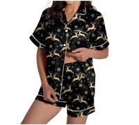 Conjunto de pijama para mujer con estampado de árbol de Navidad, pijama de satén de seda, ropa de dormir de 2 piezas, manga corta con botones y pantalones, ropa de dormir holgada, ropa de dormir suave