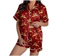 Conjunto de pijama para mujer con estampado de árbol de Navidad, pijama de satén de seda, ropa de dormir de 2 piezas, manga corta con botones y pantalones, ropa de dormir holgada, ropa de dormir suave