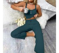 Conjunto de pijama para mujer de encaje y satén, camisón de dos piezas con camisola y pantalones, ropa de salón de un solo color para primavera, verano e invierno, cómodo (S Drak Green)