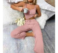 Conjunto de pijama para mujer de encaje y satén, camisón de dos piezas con camisola y pantalones, ropa de salón de un solo color para primavera, verano e invierno, cómodo (XXL rosa)