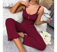 Conjunto de pijama para mujer de encaje y satén, camisón de dos piezas con camisola y pantalones, ropa de salón de un solo color para primavera, verano e invierno, cómodo (XXL Wine)