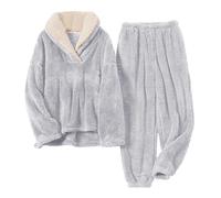 Conjunto de pijama para mujer, de manga larga, para invierno, cálido, de forro polar, manga larga, cuello de solapa y pantalones deportivos, color sólido, conjunto de pijama casual de felpa gruesa