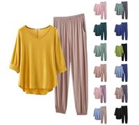 Conjunto de pijama para mujer de verano, pantalones de pijama largos y fluidos para mujer, ropa de dormir con cuello en V manga 3/4 set modal 2 piezas top loungewear casa casual top ligero pantalones
